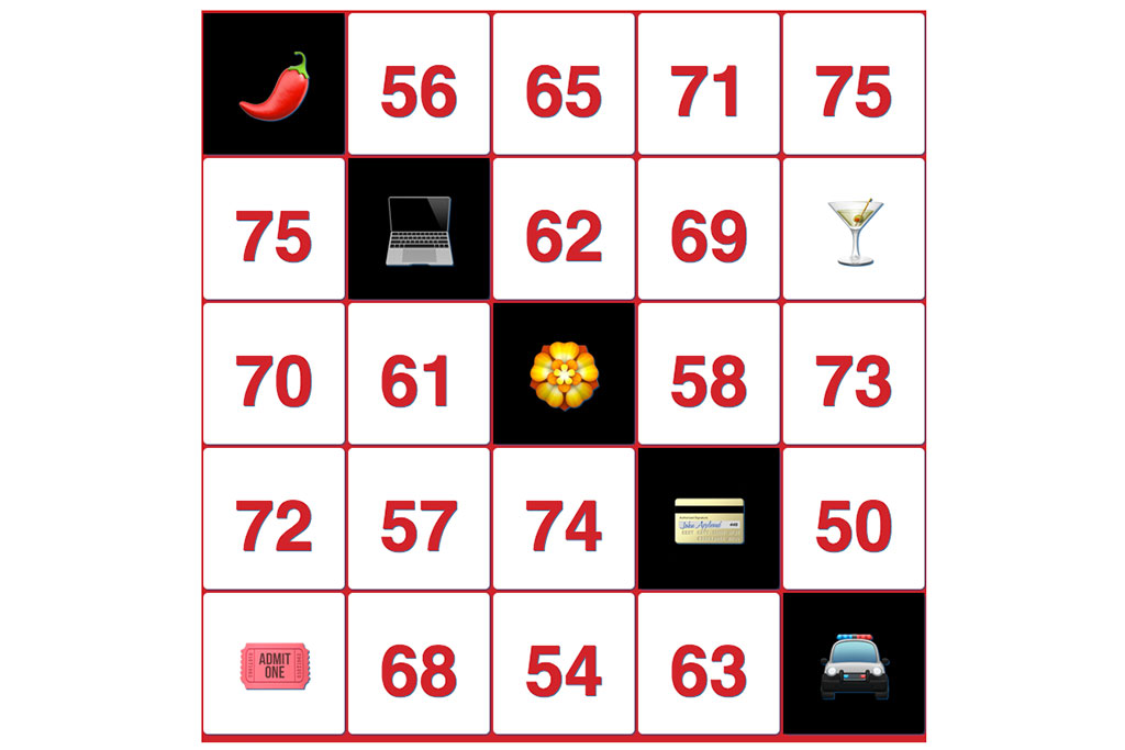 Bingo board with numbers and icons on the boxes.