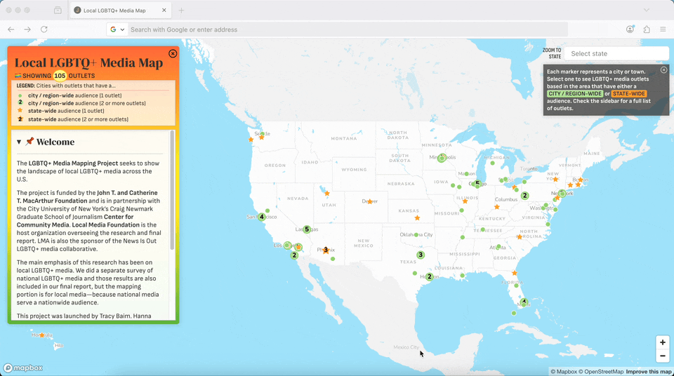 Screen recording demonstrating how to search Local LGBTQ+ Media Map by state