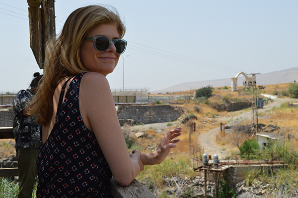 Prue Clarke, director of the International Reporting Program, at Naharayim along the Jordanian border -- marked by the white arch.