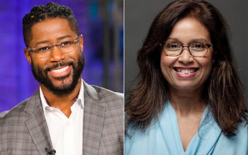 CBS Mornings Anchor Nate Burleson (left) and Associate Professor of Broadcast and Digital Journalism Vanessa Botelho