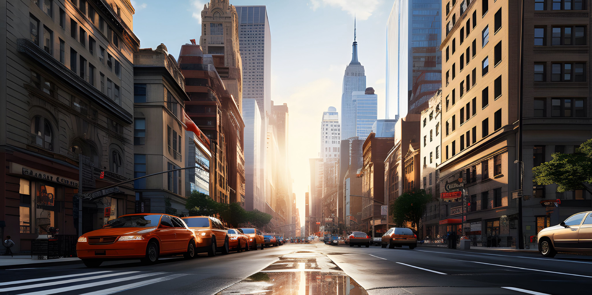 Graphic of a New York City street, featuring a street and NYC yellow cabs in the foreground. A the vanishing point, a sunrise or sunset. The background at the vanishing point is filled with NYC buildings including the iconic Empire State Building.