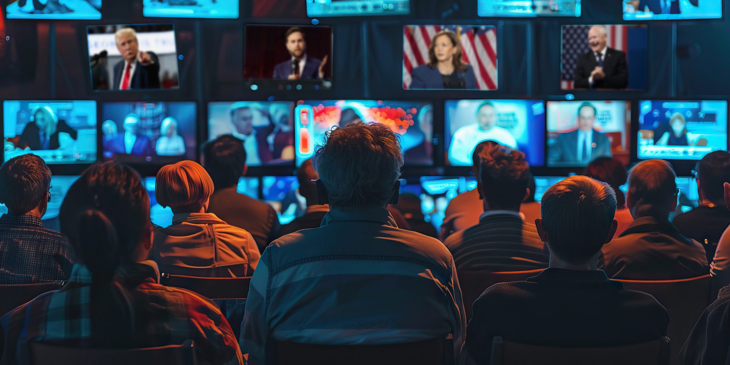 Reporters and people looking at screens displaying coverage of election 2024. On the screens: Donald Trump; JD Vance; Kamala Harris; and Tim Walz.