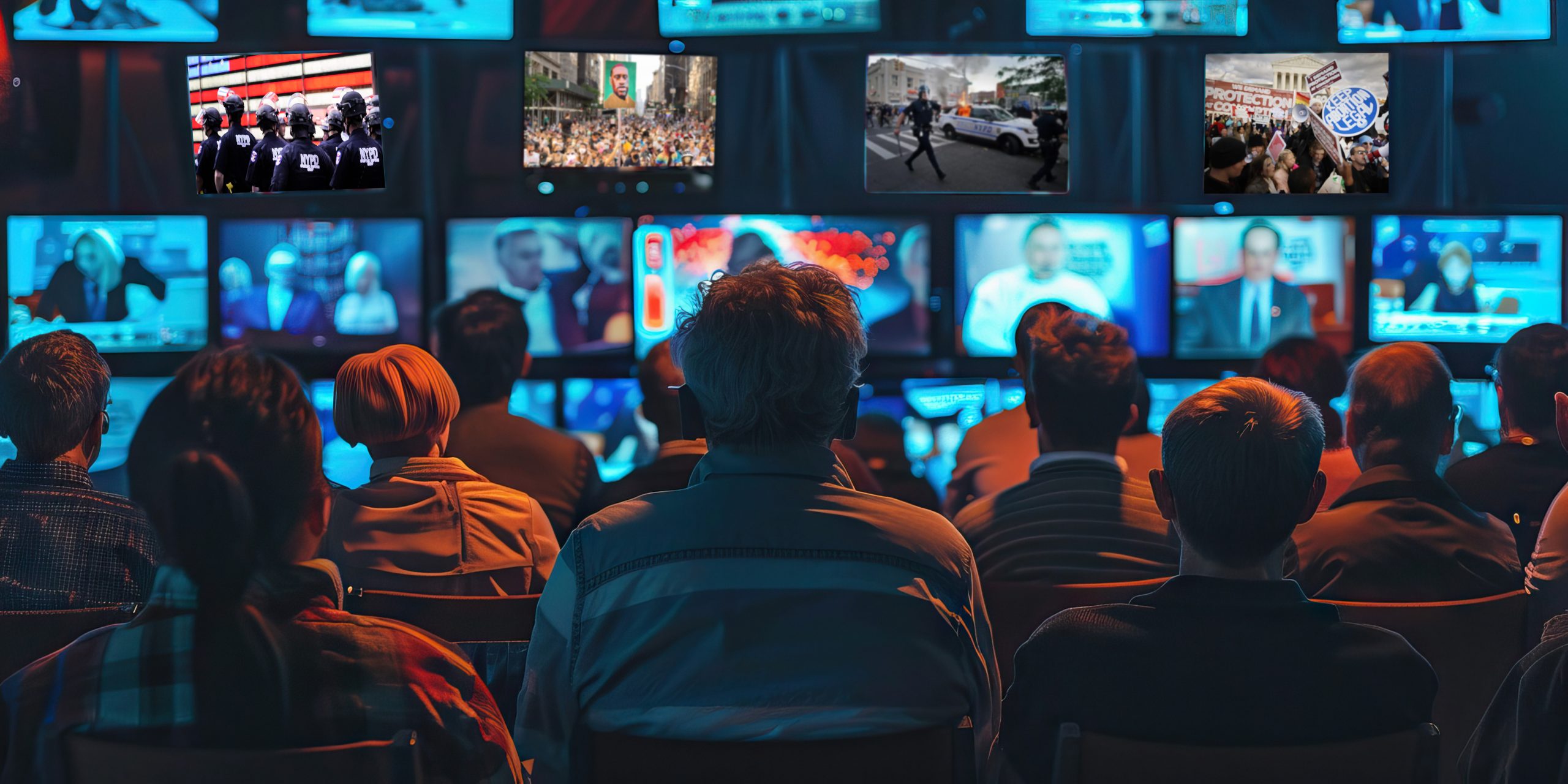 Onlookers -- civilians and journalists -- watch coverage of protests on TV screen panels.