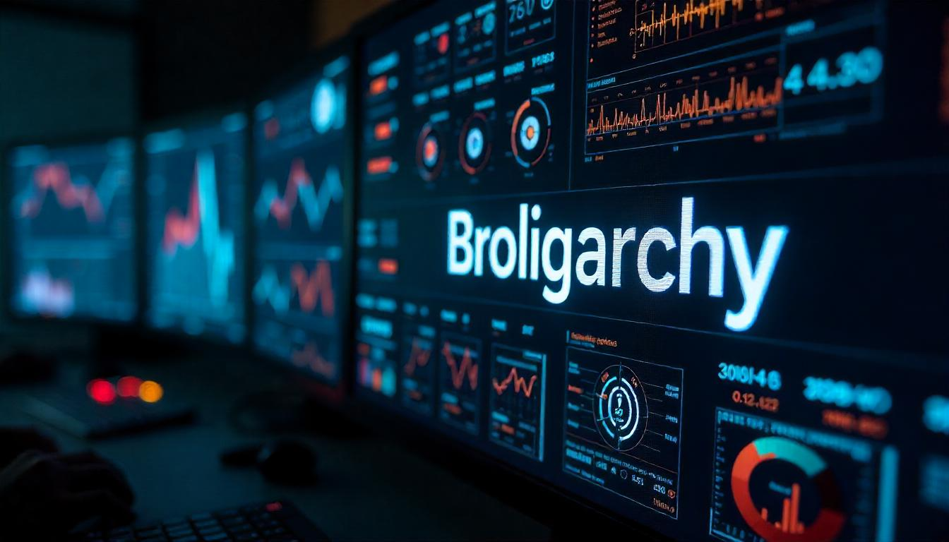 Image of a technology panel, including monitors filled with graphs and data; on the screen of the monitors reads the word: "Broligarchy"